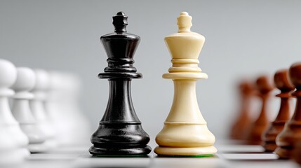 Fototapeta premium Black and white chess kings positioned in the center of a chessboard, with blurred pawns and pieces in the background creating a strategic game atmosphere