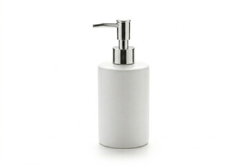 Obraz premium White ceramic soap dispenser bottle with silver pump isolated on white background