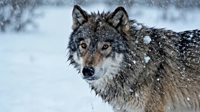 Wolf in Snowy Landscape Close Up.
