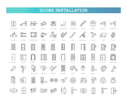 Door Hardware and Installation Line Icons Set