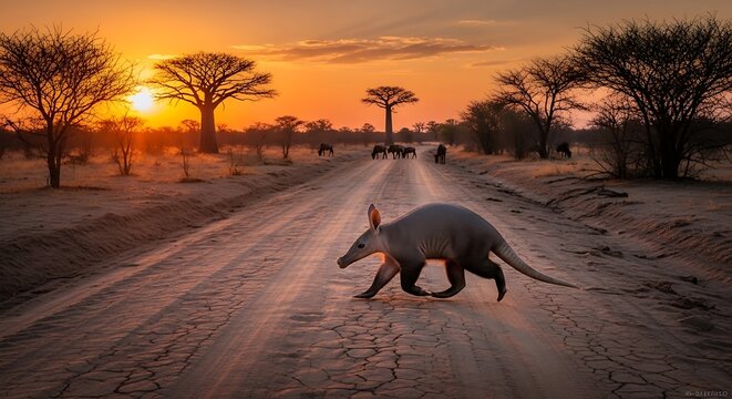 Aardvark crosses dirt road at sunset in african savanna landscape