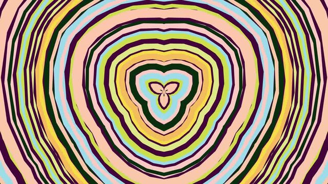 Abstract psychedelic kaleidoscope pattern with concentric colorful shapes and a central clover design.