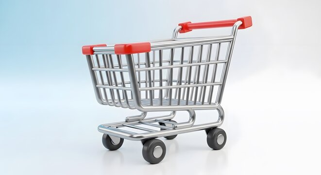 Shiny 3D rendered illustration of an empty metal shopping cart with red handles, symbolizing retail and consumerism
