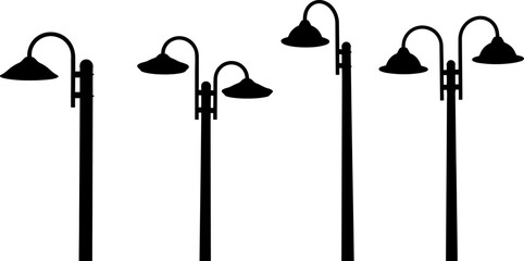 Black outdoor lamp posts with single and double lights