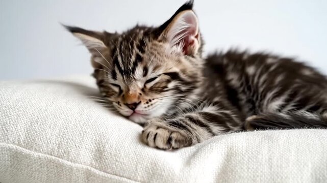 Adorable Maine Coon kitten sleeping peacefully on a soft white cushion showcasing its tabby stripes and fluffy fur in a closeup shot.