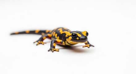 Fototapeta premium Fire salamander with black and yellow markings on white background