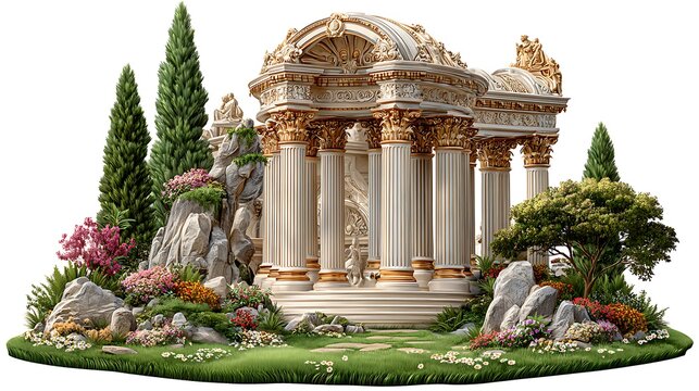 Royal classical columns pavilion floral landscape high resolution picture