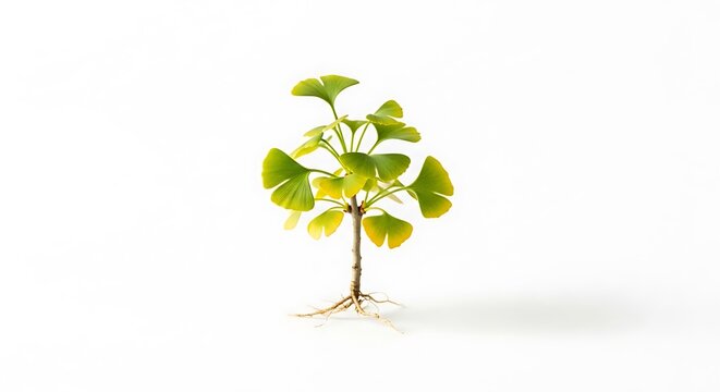 Ginkgo biloba plant with visible roots on white background
