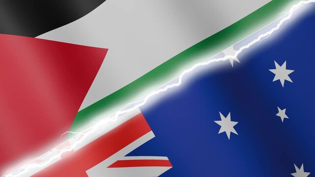 Two waving flags Palestine and Australia with diagonal lightning seamless, 4k loop