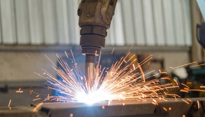 Close-up of robotic arm welding with sparks flying.