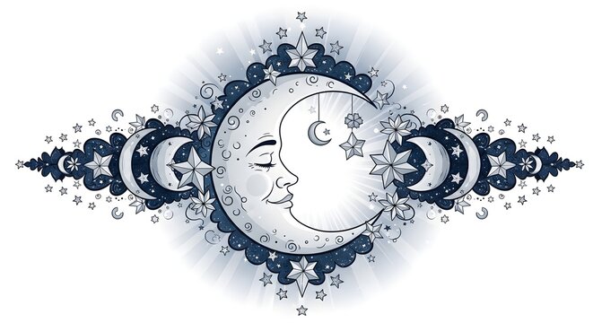 Mystical Crescent Moon Face with Celestial Ornaments and Stars.