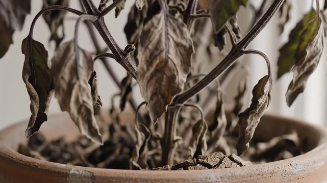 Closeup of a neglected potted plant with dry wilted brown leaves and stems showing signs of severe dehydration and lack of care in a terracotta pot.