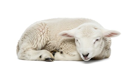 Naklejka premium Fluffy white baby lamb sleeping peacefully on white background