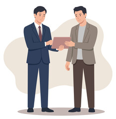 Fototapeta premium Legal agreement, Approved loan. Businessman passing contract document to his client business man for signature stock illustration