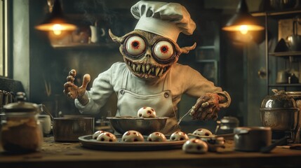 A monstrous chef in a kitchen, meticulously preparing pastries.  He's reaching for a steaming bowl, his enormous eyes and sharp teeth on full display