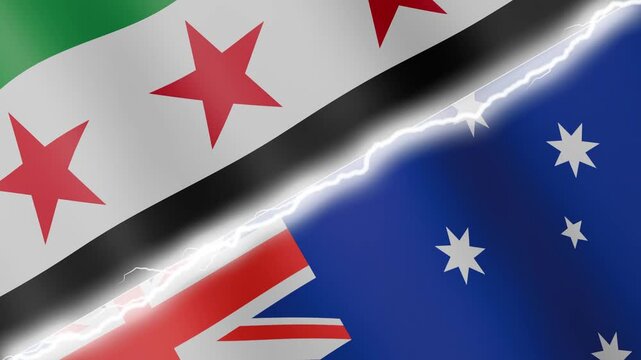 Two waving flags Syria and Australia with diagonal lightning seamless, 4k loop