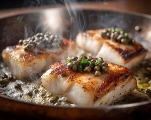 Pan seared Moonfish fillet sizzle Tuscan seaside restaurant aroma waft of truffle infused caper clean professional stock photo sharp macro photography style cinematic realism ultra photorealistic no