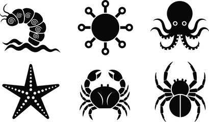 Marine silhouette vector icons, sea creatures collection, octopus crab starfish worm urchin spider, underwater wildlife design, ocean animals illustration © Anamul Arafat