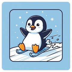 Obraz premium Cartoon penguin skiing on snowy slope