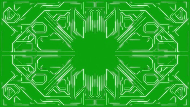 Digital Data moving on Circuit Board and CPU loop backgrounds. Computer Processing and organizing data. Abstract high tech Artificial intelligence (AI), data mining. Chroma key green screen background