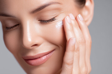 Woman applies facial cream on her face with fingers gently