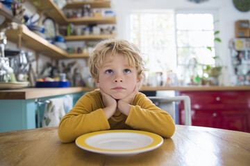A young boy sitting at a table with an empty plate looks up