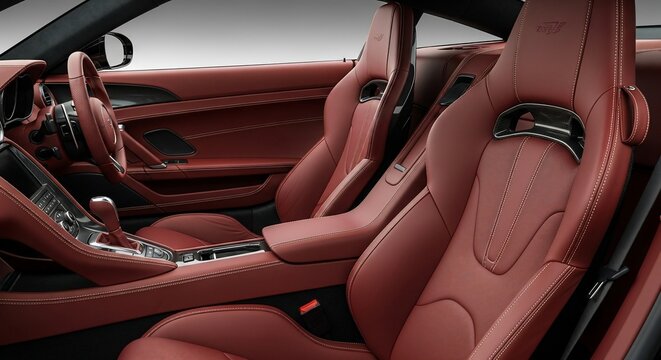 Luxury sports car interior with red leather seats and modern dashboard.
