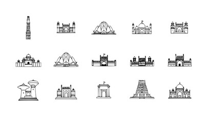 Fototapeta premium Indian Landmark Circular Minimal Fill Icons Set Heritage Architecture Vector