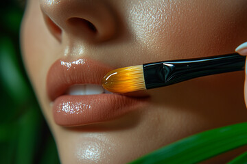 Woman applies lip gloss with brush near lush green leaves outdoors