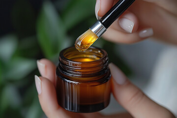 Woman applies cuticle oil with brush to fingernails carefully