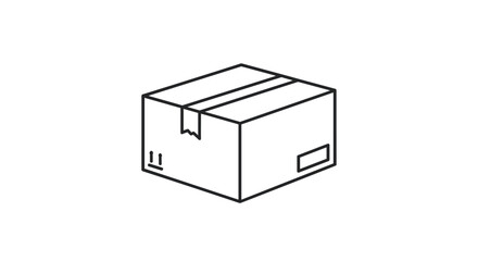 Clean black and white line drawing of a closed rectangular cardboard shipping box with packing tape and handling icons.
