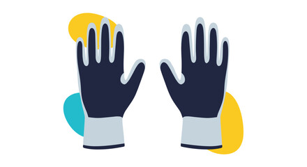Obraz premium Pair of dark blue protective work gloves with grey wrist cuffs is set against yellow and teal abstract blobs on white.