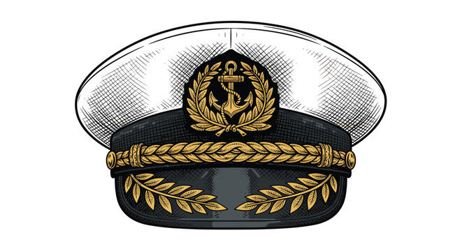 Detailed illustration of a white and black captain hat with a gold embroidered anchor emblem and laurel leaves on the brim.