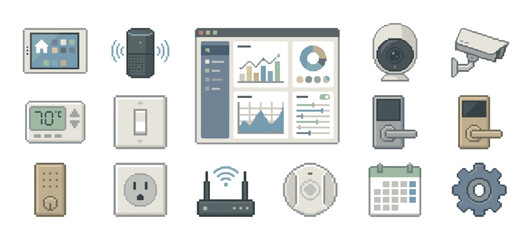 Fototapeta premium Collection of smart home technology icons in a retro 8-bit pixel art style, including a camera, thermostat, speaker, lock, and control dashboard, isolated on a white background