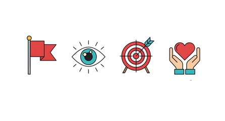 A set of colorful icons representing vision, goal, and care © Morjina
