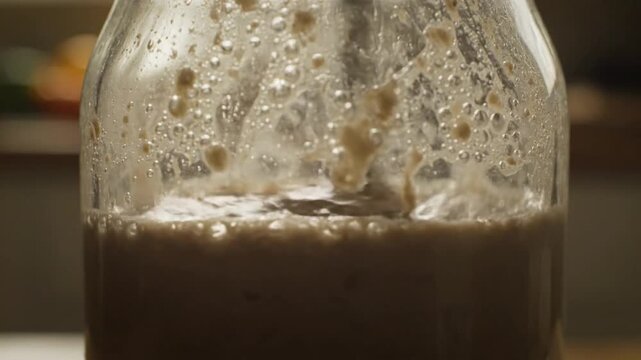 A glass bottle filled with a light brown, frothy liquid is shown in multiple frames as it gets shaken or stirred, causing bubbles and foam to form inside.