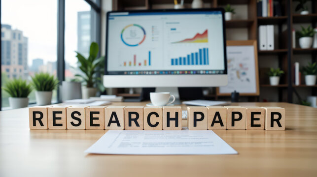 Research paper on academic study with data analysis for journal submission, showing scientific writing workflow with literature review, methodology, citations and peer review for publication