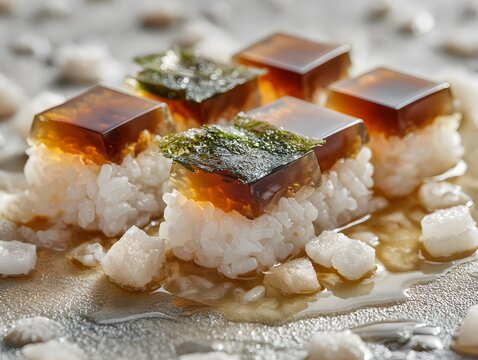 Gelatinous cube of fermented fish based agar agar sit amidst delicate pool of yuzu soy milk garnished sushi rice clean professional stock photo sharp macro photography style cinematic realism ultra