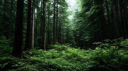 Obraz premium A dense lush green forest with dramatic sunlight filtering through tall trees creating a serene and natural atmosphere