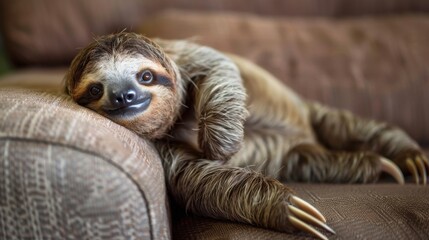 Fototapeta premium A relaxed brown three-toed sloth lounges on a textured brown couch. The sloth has a friendly expression and is partially curled up, showcasing its long claws.