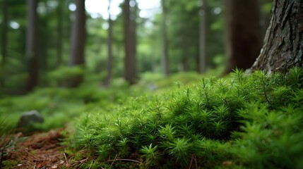 Fototapeta premium Lush green moss covers the forest floor in a soft focus woodland scene with diffused natural light
