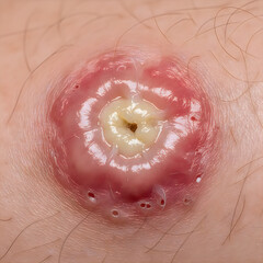 Fototapeta premium Close-up view of a suspicious skin lesion with irregular borders and central ulceration