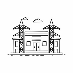 Fototapeta premium Simple line drawing of a building with towers and clouds.