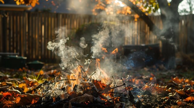 A small fire burns in a backyard surrounded by fallen autumn leaves. Smoke rises into the air, with trees and a wooden fence in the background.