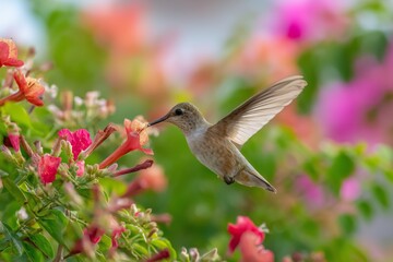 Fototapeta premium Hummingbird Feeding on Tropical Flowers 