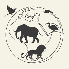 Silhouette animals on globe, elephant, lion, bird, fish, crane, rhino on world map, wildlife conservation concept illustration, dark grey © Monira