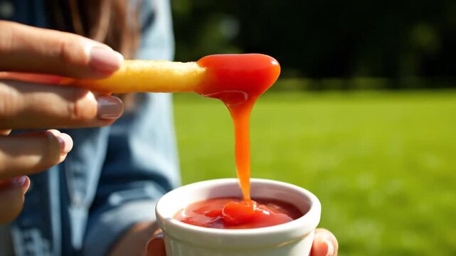 Close-up of a person dipping a French fry into a cup of ketchup outdoors on a sunny day, with a grassy background and trees.