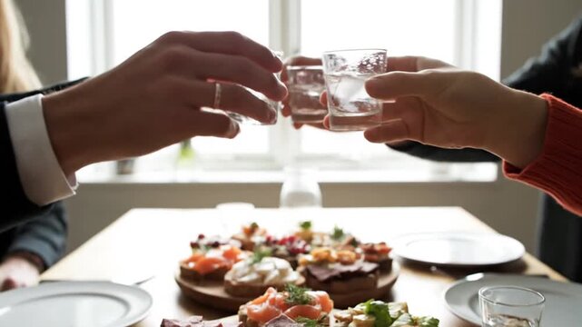People gather around a table with an assortment of open-faced sandwiches while sharing drinks, celebrating friendship or special occasion in a cozy, naturally lit setting.