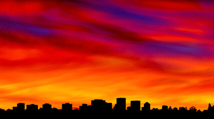 A city skyline is silhouetted against a beautiful orange and pink sky