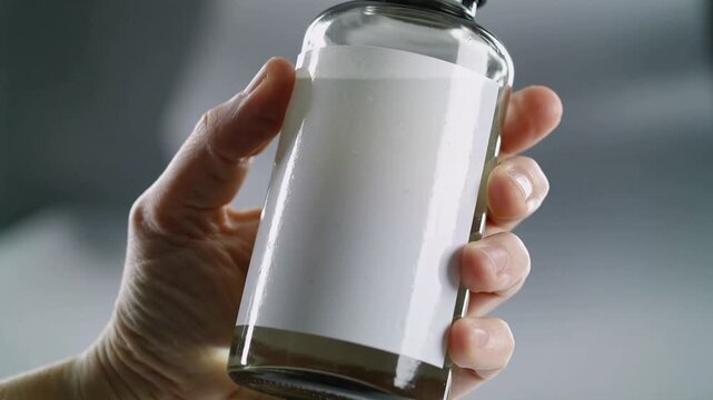 Hand holding empty glass bottle with blank label